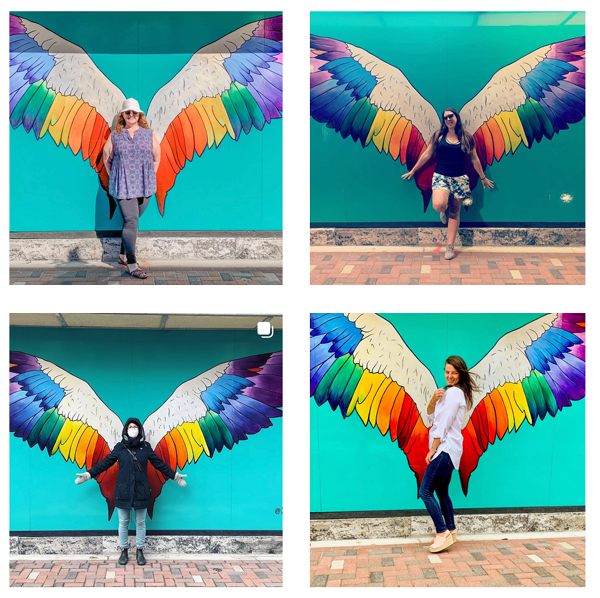 four pictures in front fo the wings