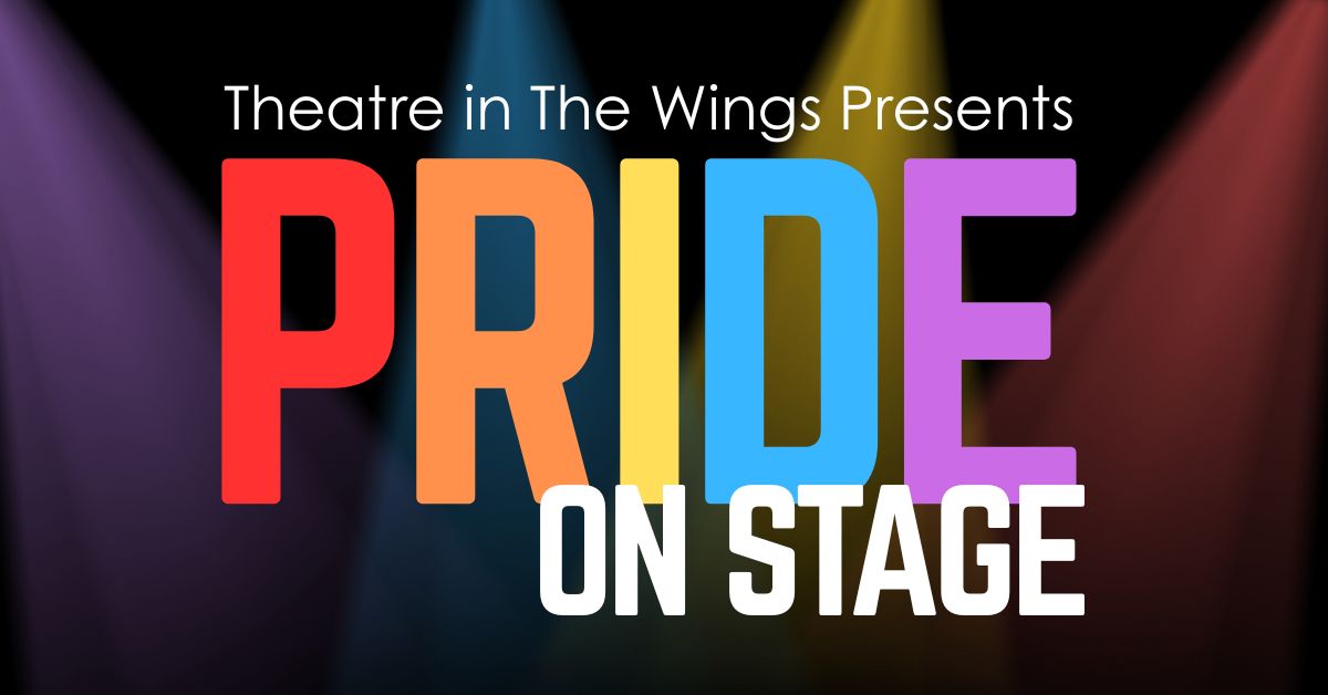 Pride written in rainbow colours with rainbow spotlights behind.